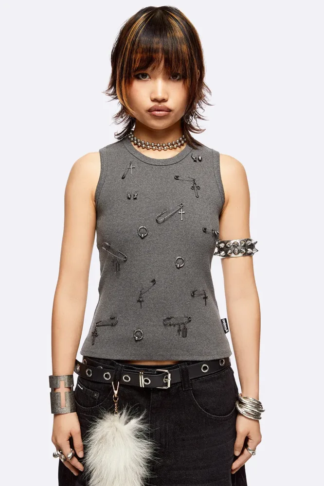 Minga London Pierce Me Geripptes Tanktop - Dark Grey M Damen