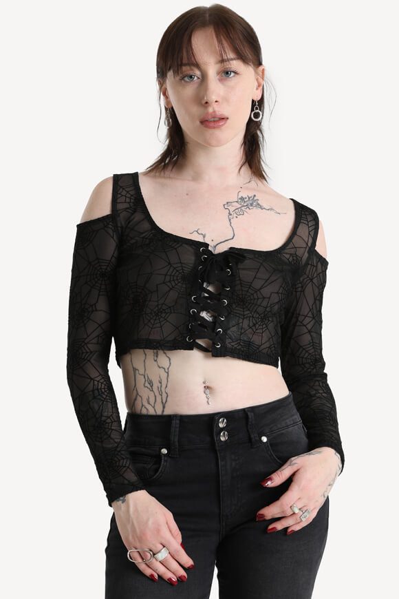 Banned Crop Mesh Langarmshirt - Black S Damen