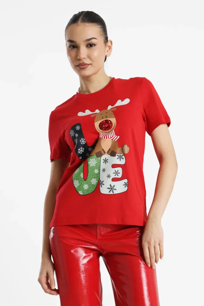 Only Weihnachts-T-Shirt - Urban Red S Damen