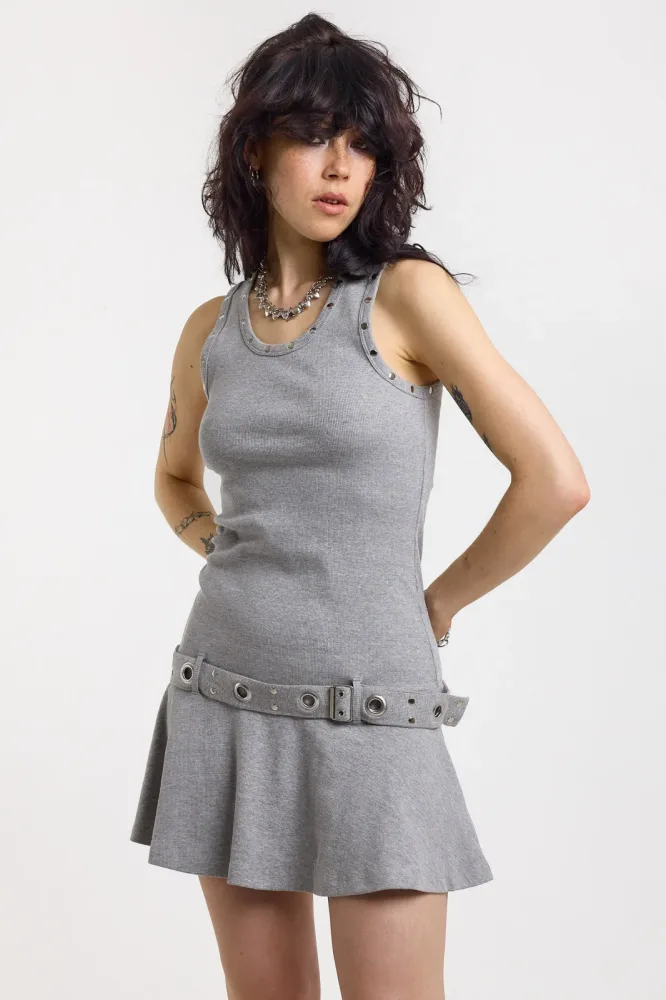 The Ragged Priest Disorder Geripptes Minikleid mit Nieten - Grey Heather XS Damen