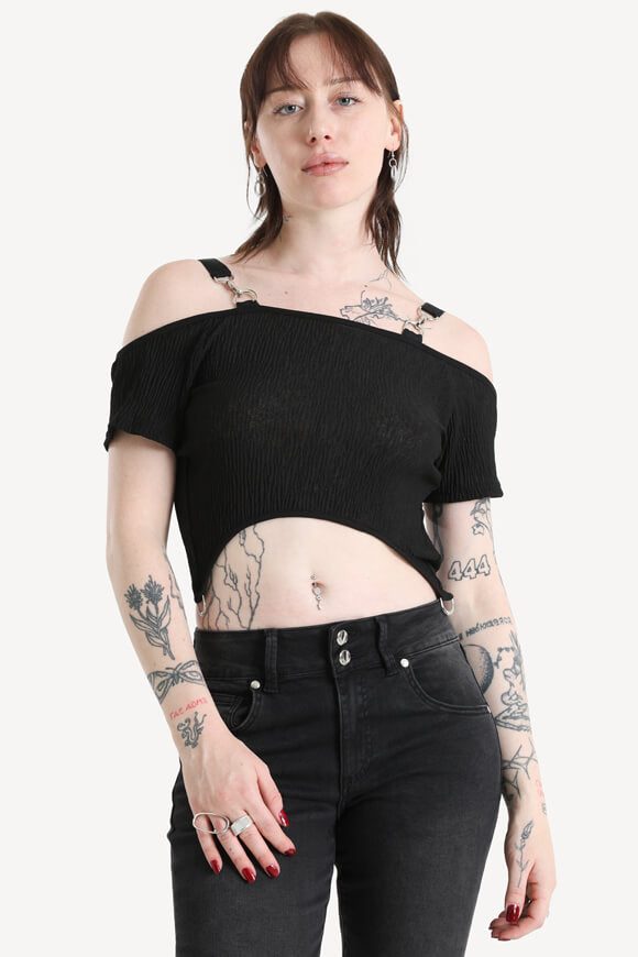 Banned Off Shoulder Crop T-Shirt - Black XS Damen