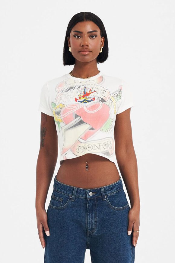 Ed Hardy Lucky Anchor Baby Crop T-Shirt - Offwhite S Damen