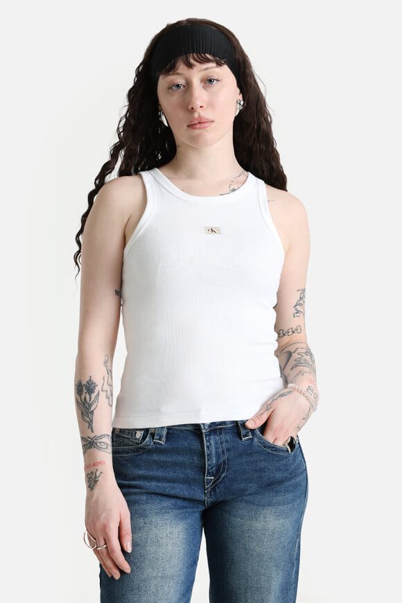 Calvin Klein Jeans Woven Label Geripptes Tanktop - Bright White M Damen