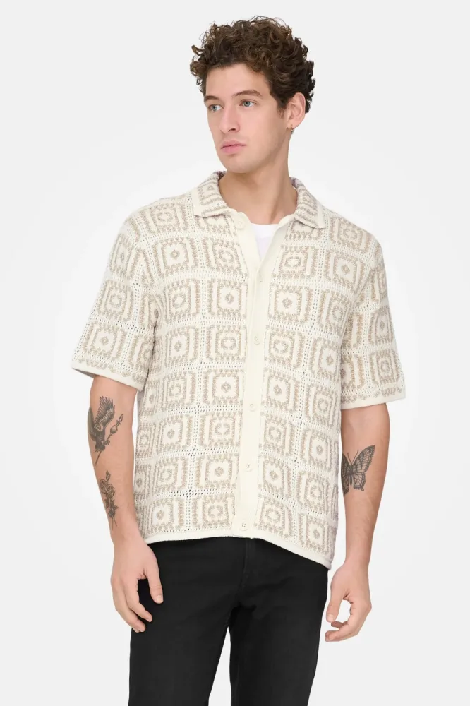 Only & Sons ONSBART Strickhemd - Egret + Silver Lining M Herren