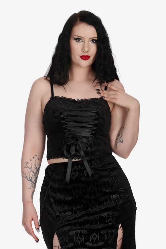 Banned Night And Day Gothic Bat Samt Crop Top - Black M Damen