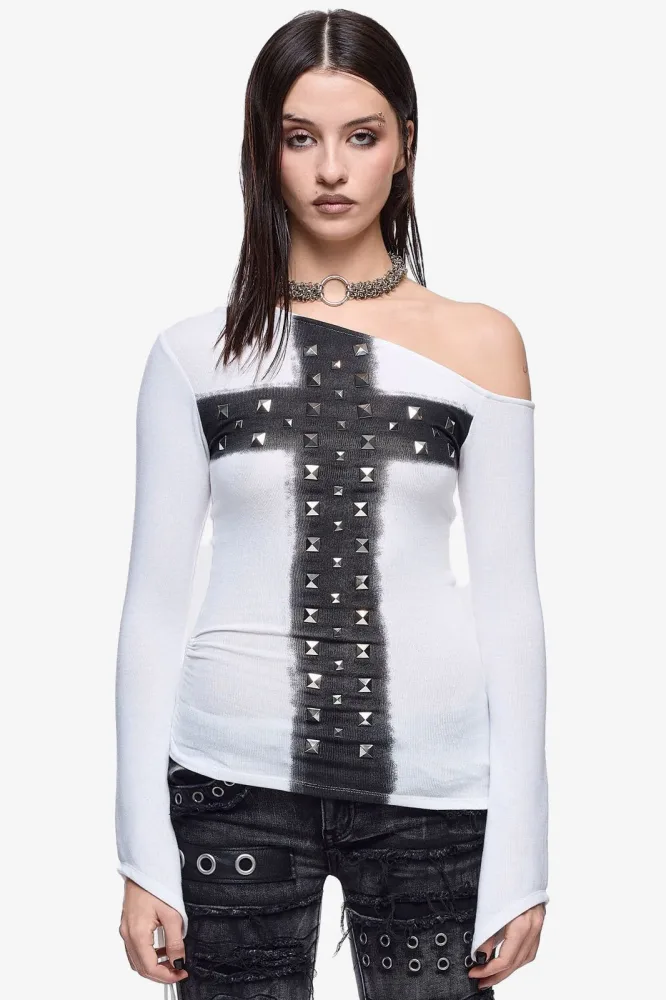 Minga London Samantha One Shoulder Langarmshirt - White + Black XS Damen