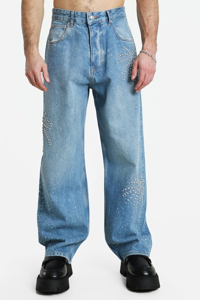 Riches Paris Baggy Fit Jeans mit Strass - Blue Denim 31 Herren