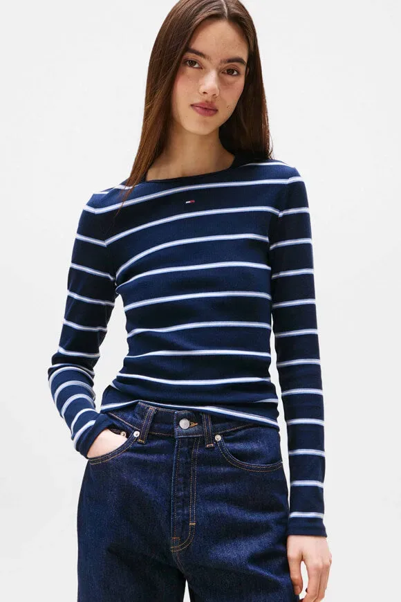 Tommy Jeans Geripptes Langarmshirt - Dark Night Navy S Damen