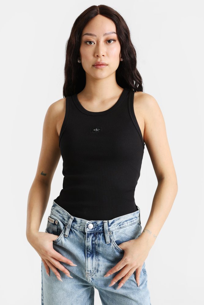 Calvin Klein Jeans Woven Label Geripptes Tanktop - Black M Damen