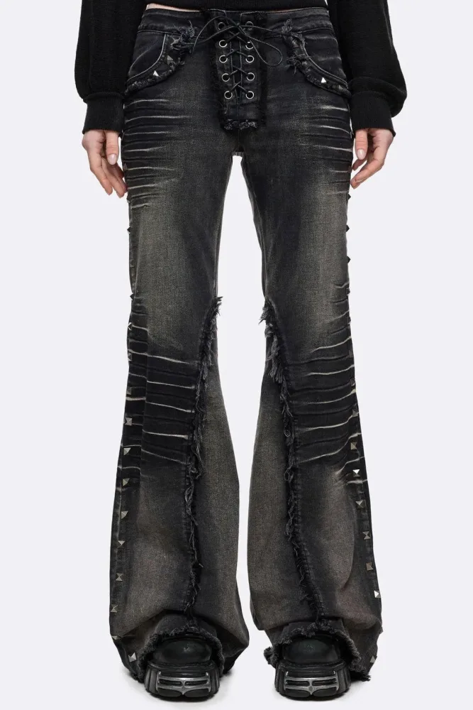 Minga London Dahlia Flare Jeans mit Nieten - Black Washed 28 Damen