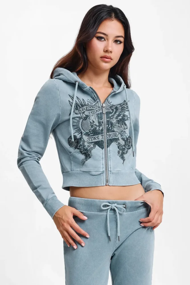 Ed Hardy Stay True Crop Kapuzensweatjacke - Blue Washed S Damen