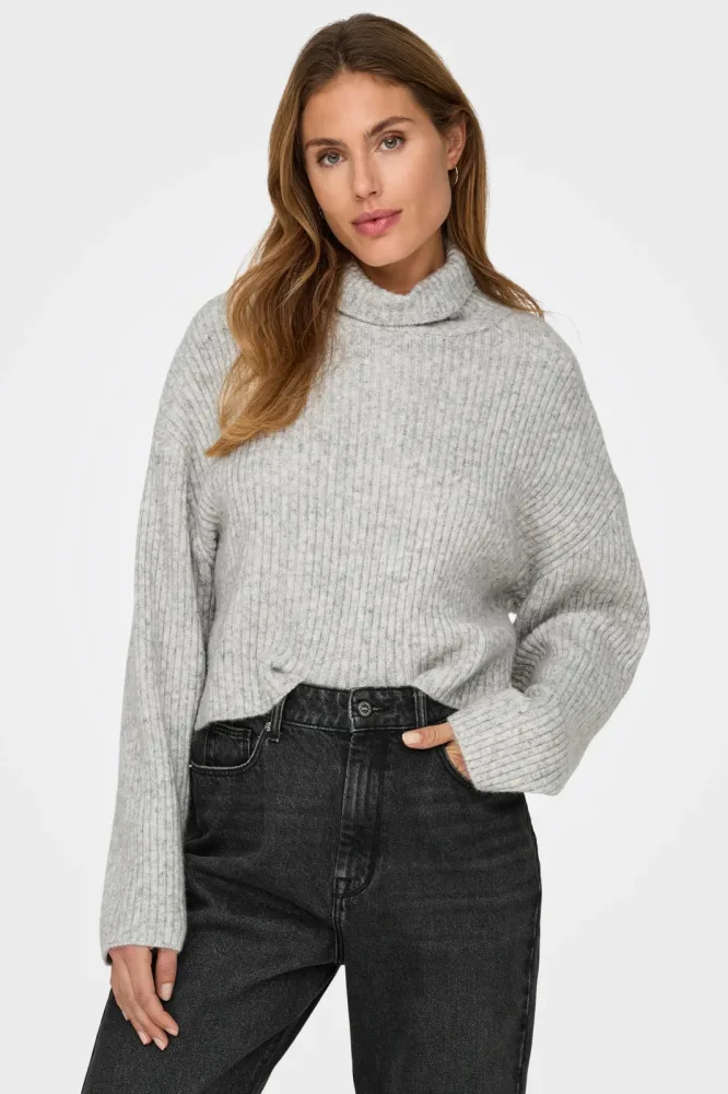 Only Melanie Gerippter Crop Strickpullover - Light Grey Melange S Damen