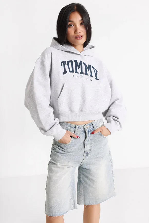 Tommy Jeans VTG Varsity 1 Crop Kapuzensweatshirt - Silver Grey Heather M Damen