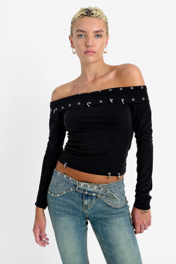 The Ragged Priest Off Shoulder Crop Langarmshirt - Black M Damen