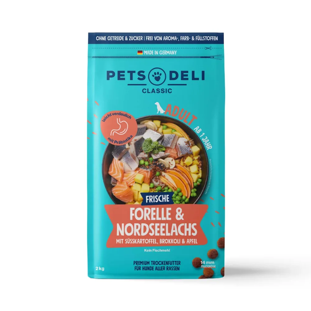 Trockenfutter Forelle & Nordseelachs mit Süßkartoffel, Brokkoli & Apfel für Hunde - 6kg