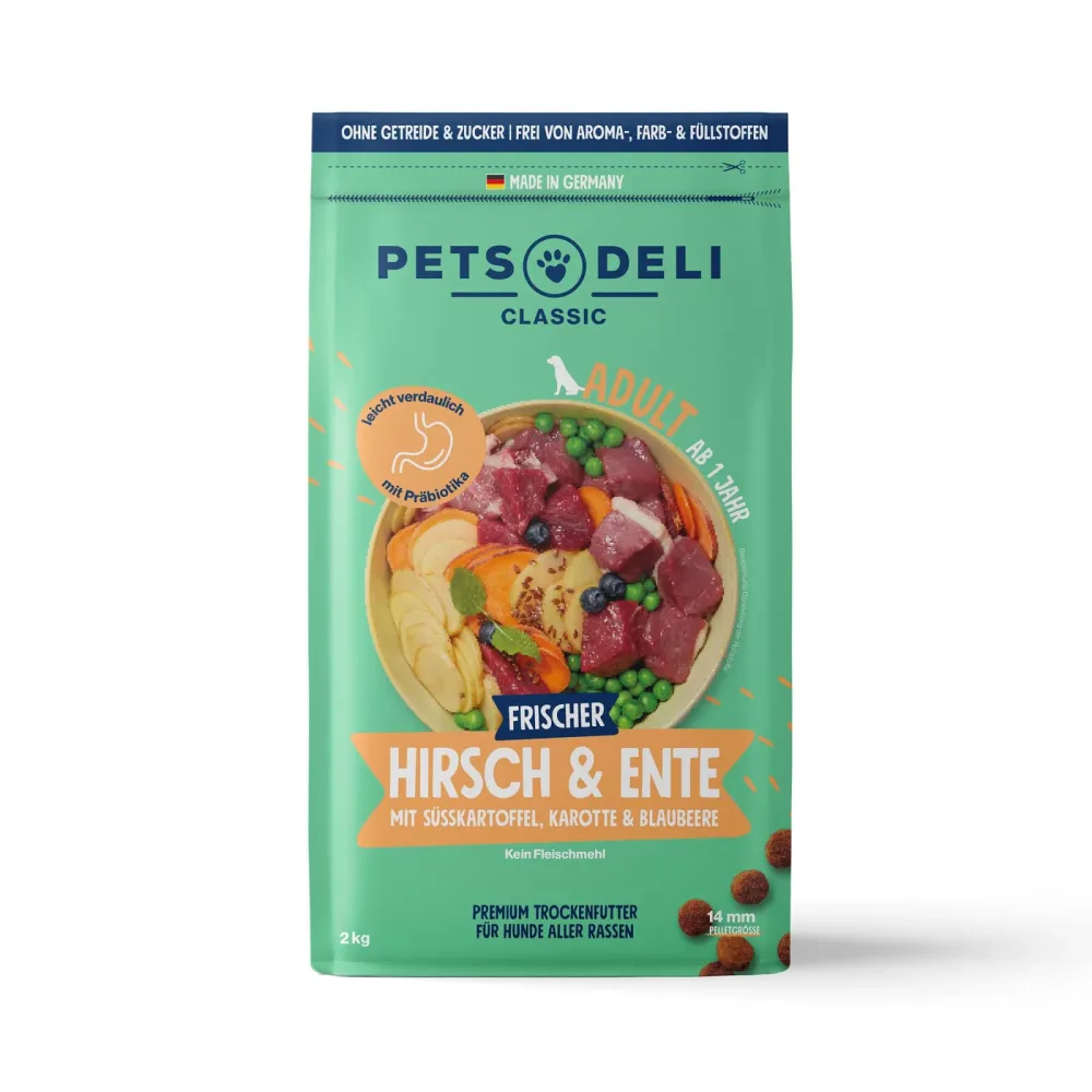 Trockenfutter Ente & Hirsch mit Süßkartoffel, Karotte & Blaubeere für Hunde - 2kg