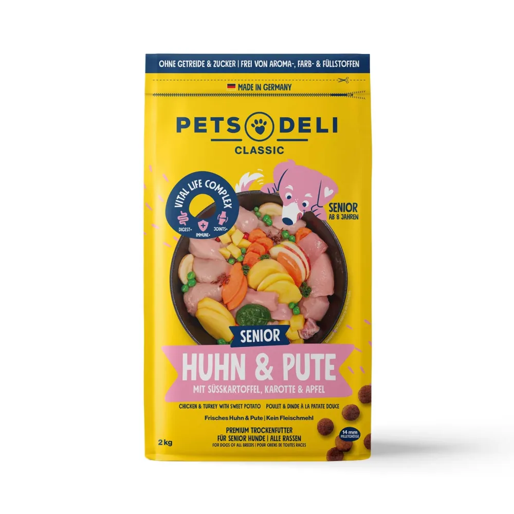 Trockenfutter Senior Huhn & Pute mit Süßkartoffel, Karotte und Apfel für Hunde - 6kg