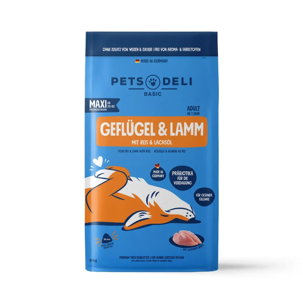 Trockenfutter Maxi Premium Basic Geflügel & Lamm mit Reis für Hunde - 9kg