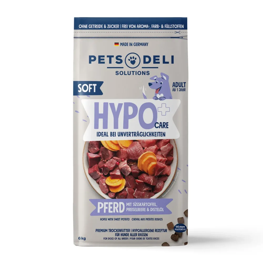 Trockenfutter Hypocare Soft Pferd mit Süßkartoffel, Preiselbeere und Distelöl für Hunde - 6kg