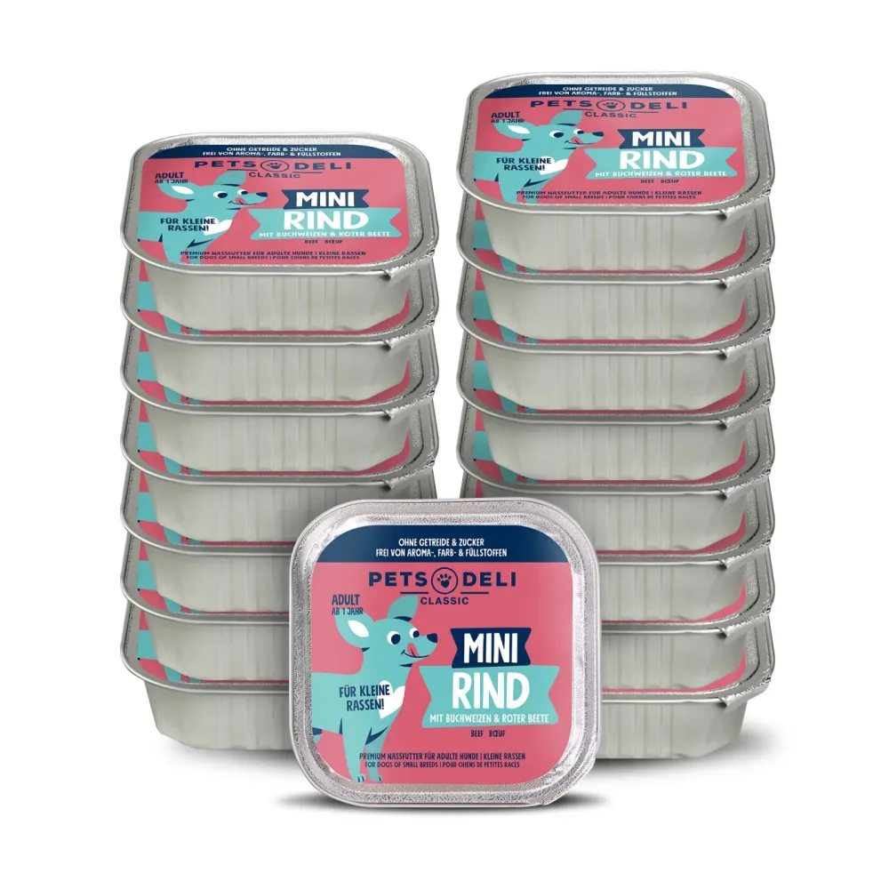 Nassfutter Mini Rind mit Buchweizen, Rote Beete, Pfirsich und Salbei für Hunde - 16x100g