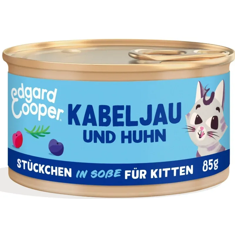 Edgard & Cooper Nassfutter für Kitten, MSC-Kabeljau & Huhn mit Blaubeeren in Sauce (18x85g)