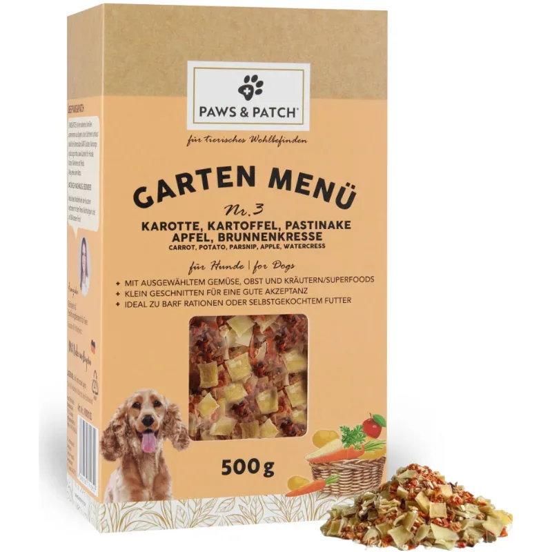 Paws & Patch Garten Menü 3 - Karotte, Kartoffel, Pastinake, Apfel, Brunnenkresse - Hundefutter (500g)