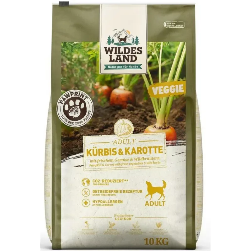 Wildes Land Paw Print Adult Veggie, Kürbis & Karotte mit frischem Gemüse & Wildkräutern - Trockenfutter für Hunde (10kg)