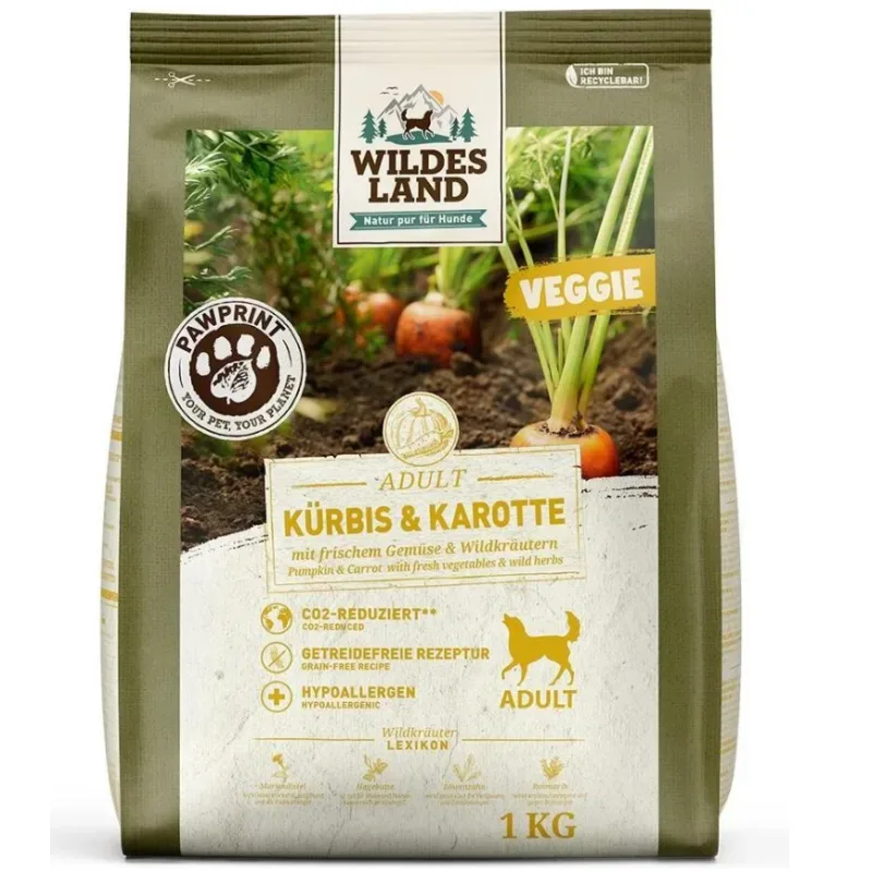Wildes Land Paw Print Adult Veggie, Kürbis & Karotte mit frischem Gemüse & Wildkräutern - Trockenfutter für Hunde (1kg)