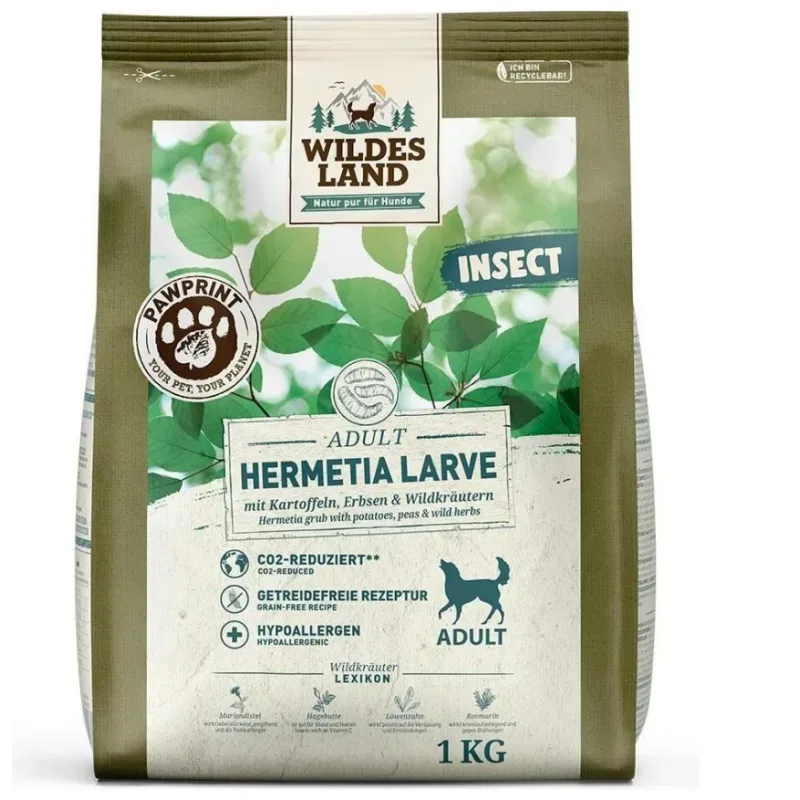 Wildes Land Paw Print Adult Insect, Hermetia Larve mit Kartoffeln, Erbsen und Wildkräutern - Trockenfutter für Hunde (1kg)