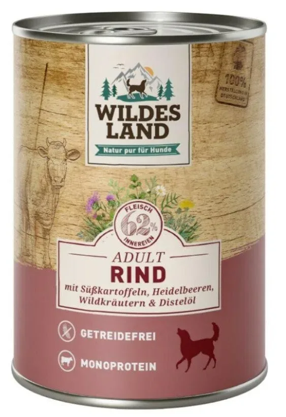 WILDES LAND Adult Rind mit Süsskartoffeln, Heidelbeeren, Wildkräutern & Distelöl, Nassfutter für Hunde (400g)