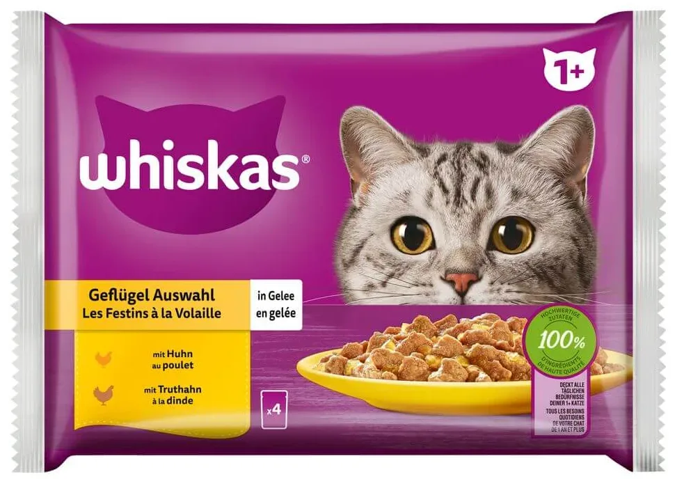Whiskas Geflügel Auswahl in Gelee, Nassfutter für Katzen (4x85g)