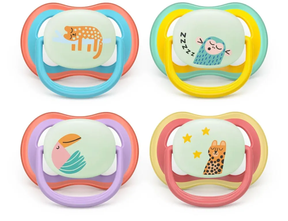Philips Avent Schnuller Ultra Air Night 18+ Monate blau + Tiger/gelb + Affe/lila + Vogel/rot + Leopard 2 Stk