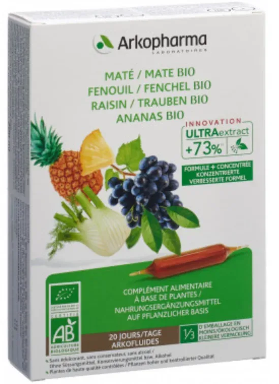 ARKOFLUIDE Ananas-Mate-Fenchel-Trauben Bio Trinkampullen (20 Stk)