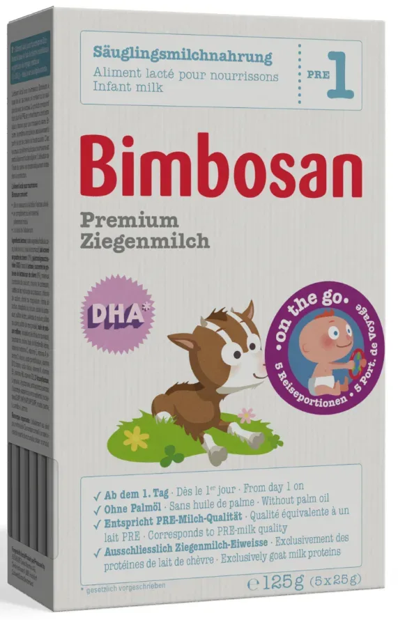 Bimbosan Premium Ziegenmilch Säuglingsmilchnahrung Reiseportionen PRE 1 (5x25g)