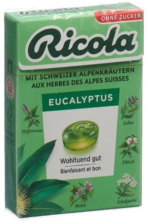 Ricola Eucalyptus Bonbons ohne Zucker mit Stevia Box (50g)