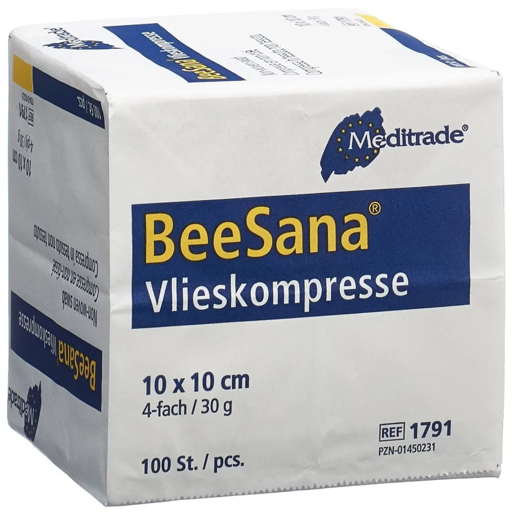 BeeSana Vlieskompressen 10x10cm, 30g/m2, unsteril, ohne RX, 4-fach (100 Stk)