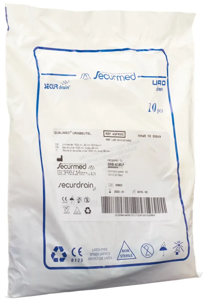 Qualimed Urinbeutel, 1.5 Liter, 90cm, ohne Rücklaufventil (10 Stk)