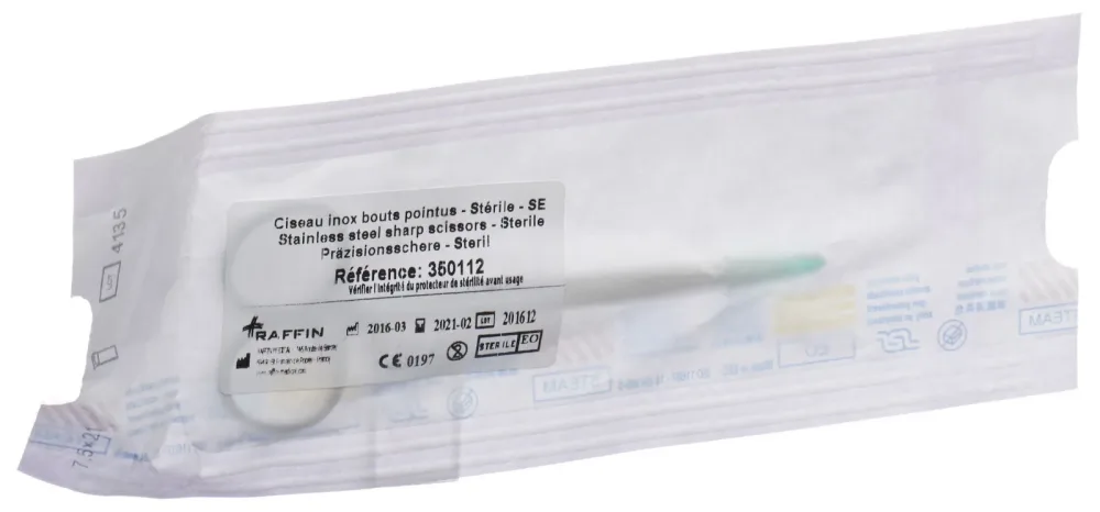 RAFFIN Präzisionsschere 12cm Edelstahl, spitz/spitz steril mit Kompresse (1 Stk)