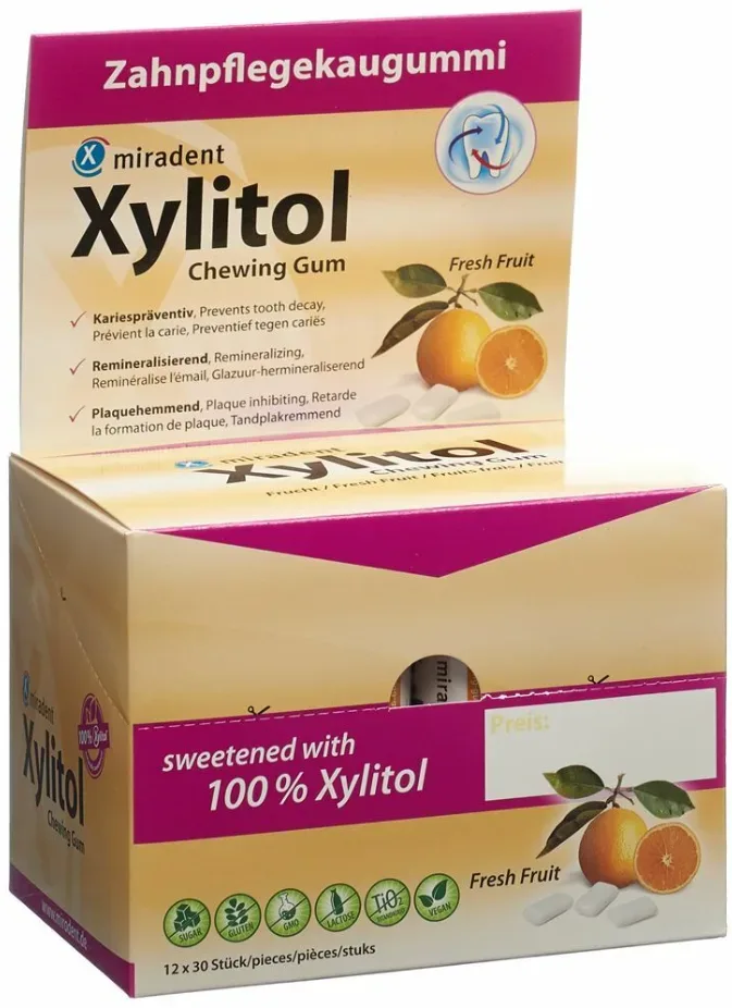 Miradent Xylitol Frucht, Display 12 Dosen &agrave; 30 Stk.