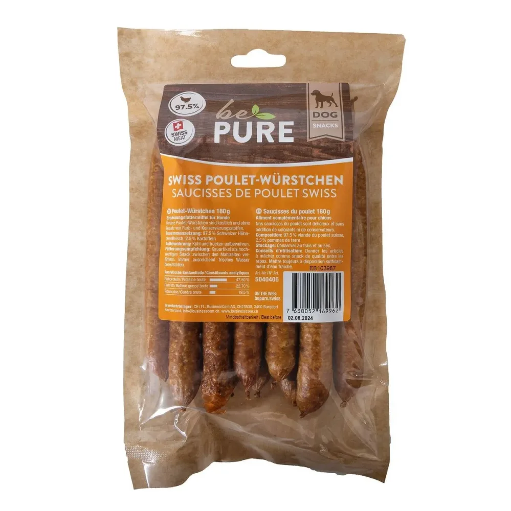 bePure Swiss Poulet-Würstchen für Hunde (180g)