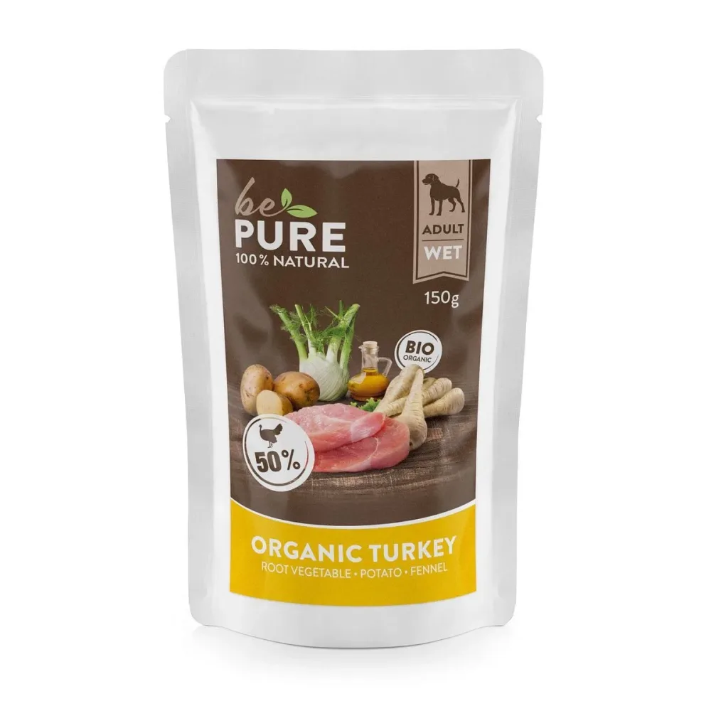 bePure Organic Turkey mit Bio Pute, Wurzelgemüse, Kartoffeln und Fenchel, Nassfutter für Hunde (150g)