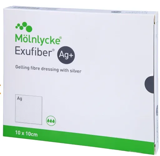 Exufiber Ag+ gelbildender Faserverband, 10x10cm (10 Stk)
