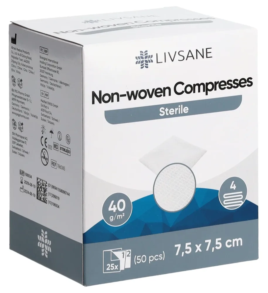 Livsane Vlieskompressen, 7.5x7.5cm, steril (2x25 Stk)