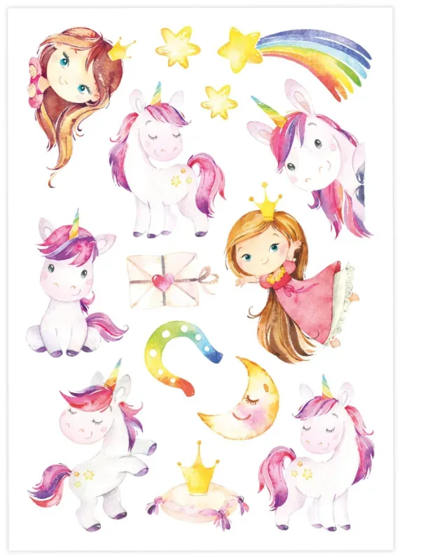 Papierdrachen Kindertattoo-Bögen Einhorn, Meerjungfrau, Prinzessin (6 Stk)