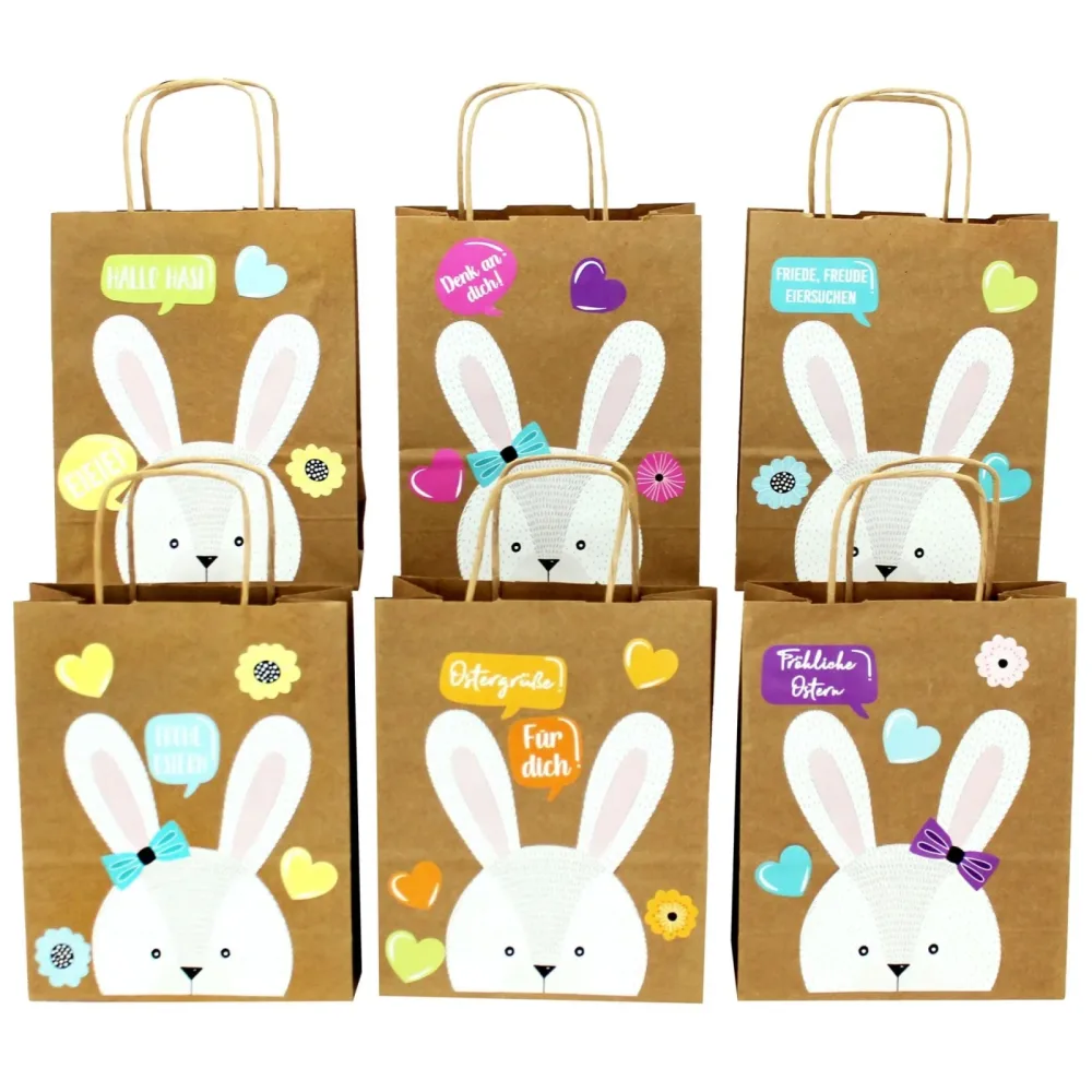 Papierdrachen XXL Ostertüten braun mit Hasengesichtern bunt, 18x22cm (6 Stk)