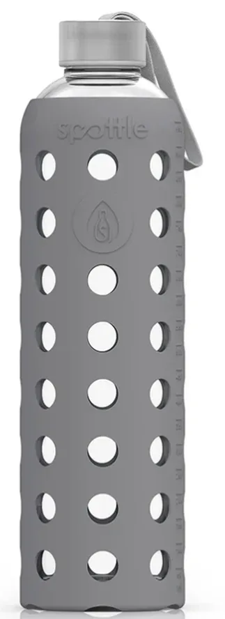 Spottle Glasflasche mit Silikonhülle grau, 1 Liter, Edelstahldeckel (1 Stk)