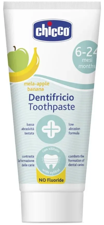 Chicco Zahnpasta mit Apfel/Bananengeschmack, 6-24 Monate, ohne Fluorid (50ml)