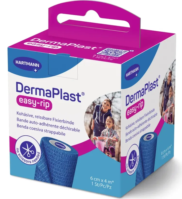 DermaPlast easy-rip Kohäsive, reissbare Fixier- und Stützbinde, 6cmx4m blau (1 Stk)