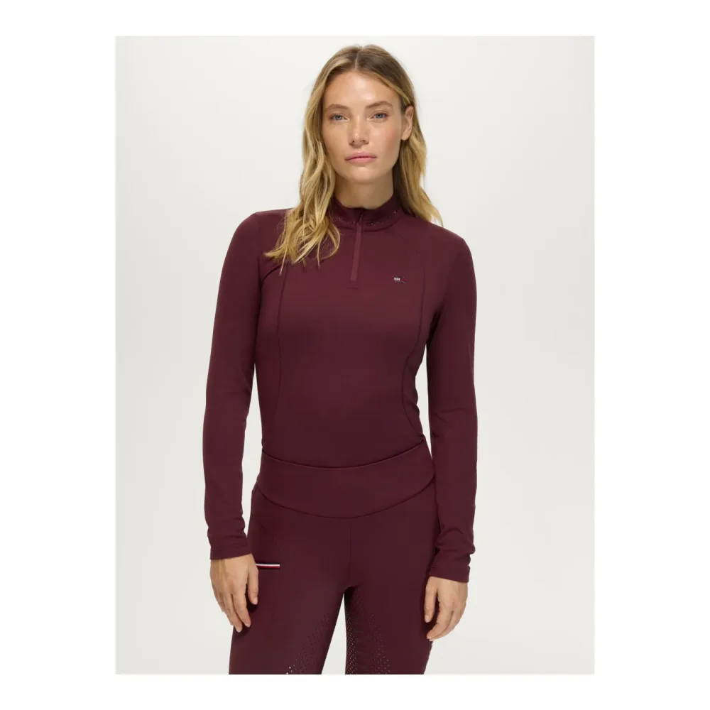 Tommy Hilfiger Equestrian Trainingsshirt Cady 1/4 Zip Strass Langarm Damen Deep Burgundy