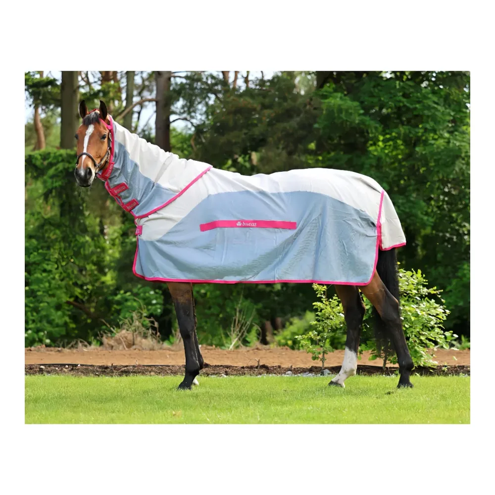 Bucas Regen- und Fliegendecke Buzz-off Rain & Neck - Blue/Blossom -  Grösse: 155 cm